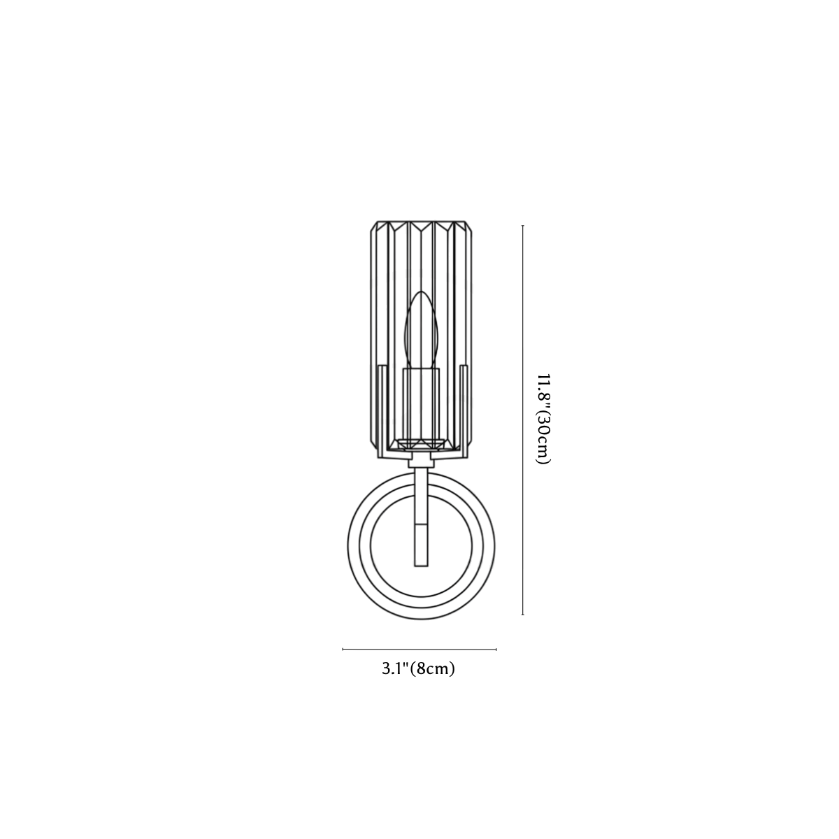 Clérachic wall light dimension drawing, 1 of 2, every measurement marked in centimetres and inches.