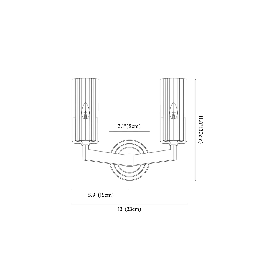Clérachic wall light dimension drawing, 2 of 2, every measurement marked in centimetres and inches.
