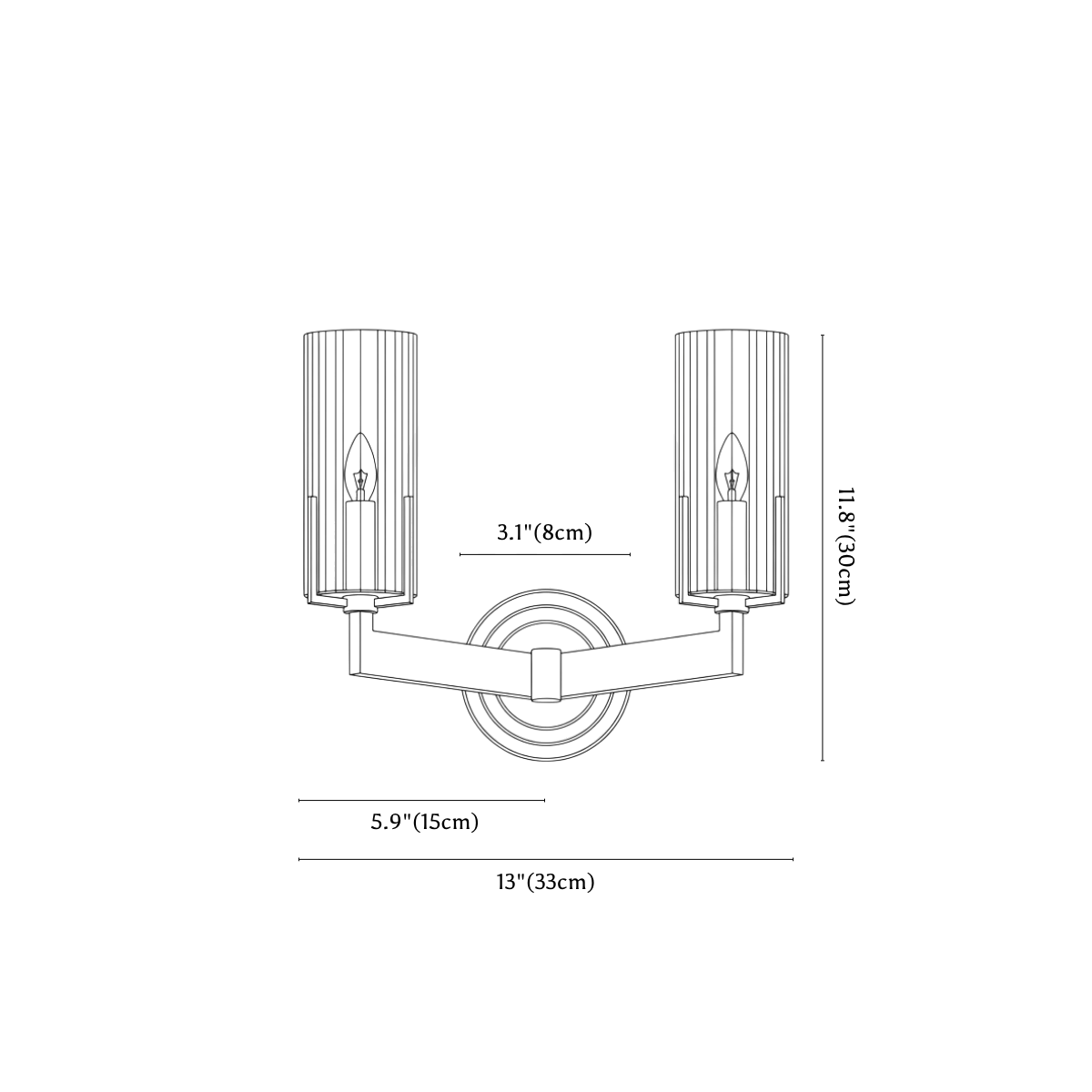 Clérachic wall light dimension drawing, 2 of 2, every measurement marked in centimetres and inches.