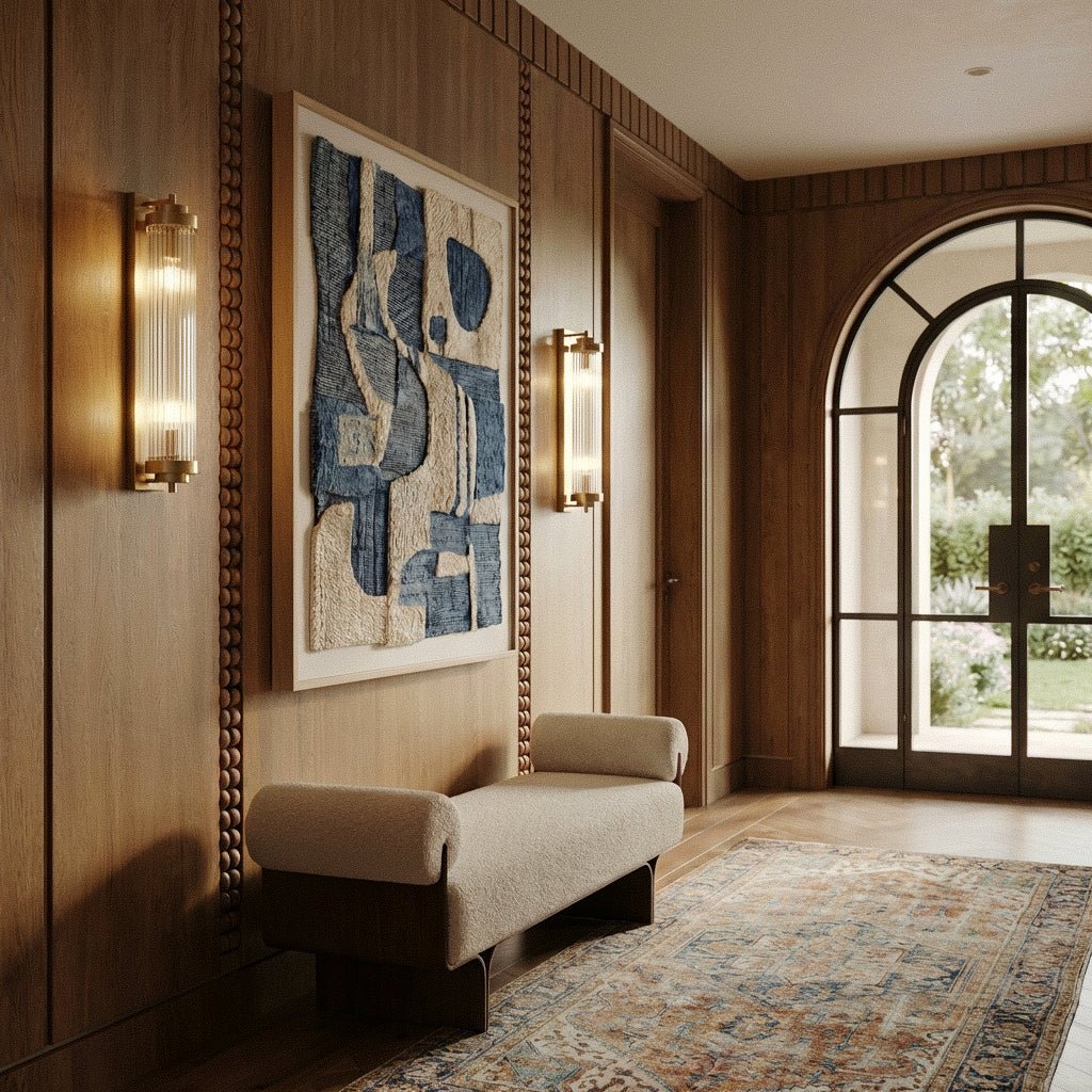 Two Clérachic gold glass-rod wall lights lit in a timber-panelled hall above a bouclé bench and a patterned rug.