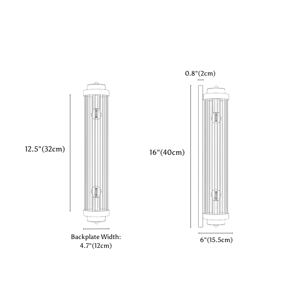 Clérachic wall light dimension drawing, 40 cm × 12 cm, every measurement marked in centimetres and inches.
