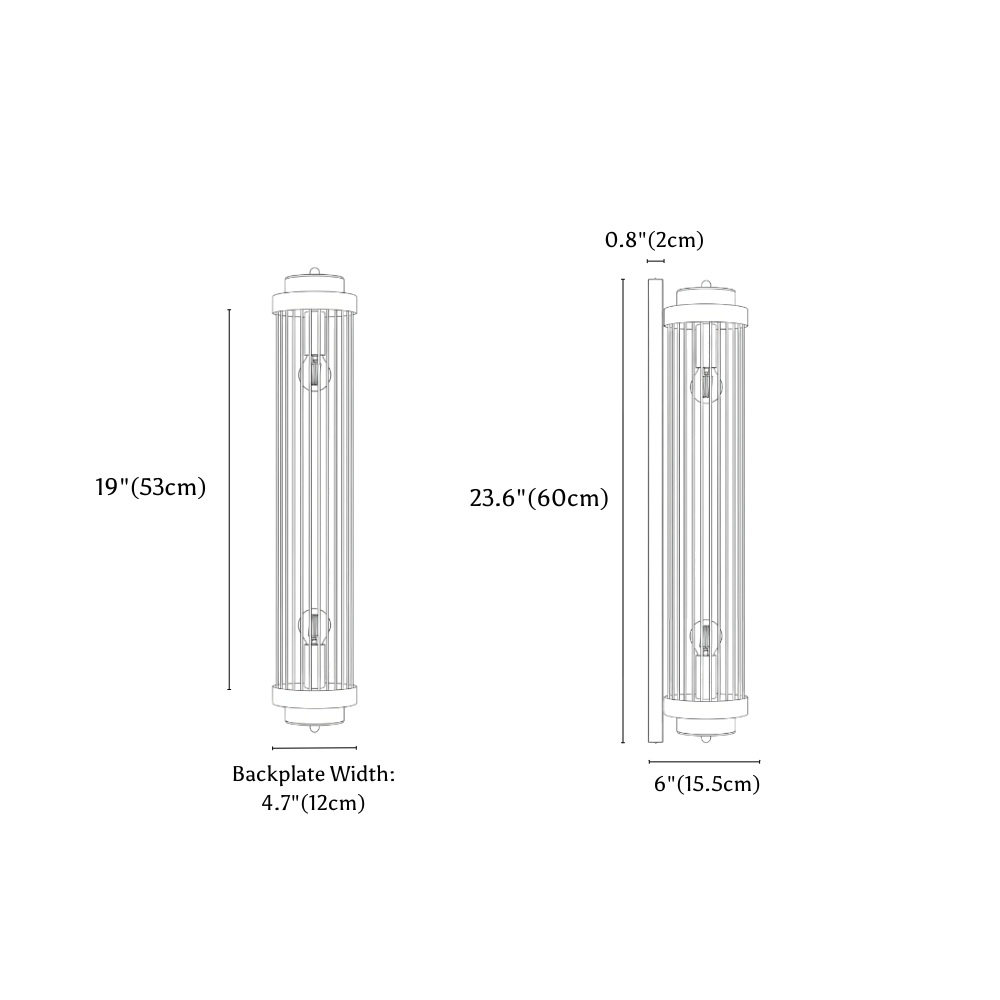 Clérachic wall light dimension drawing, 60 cm × 12 cm, every measurement marked in centimetres and inches.