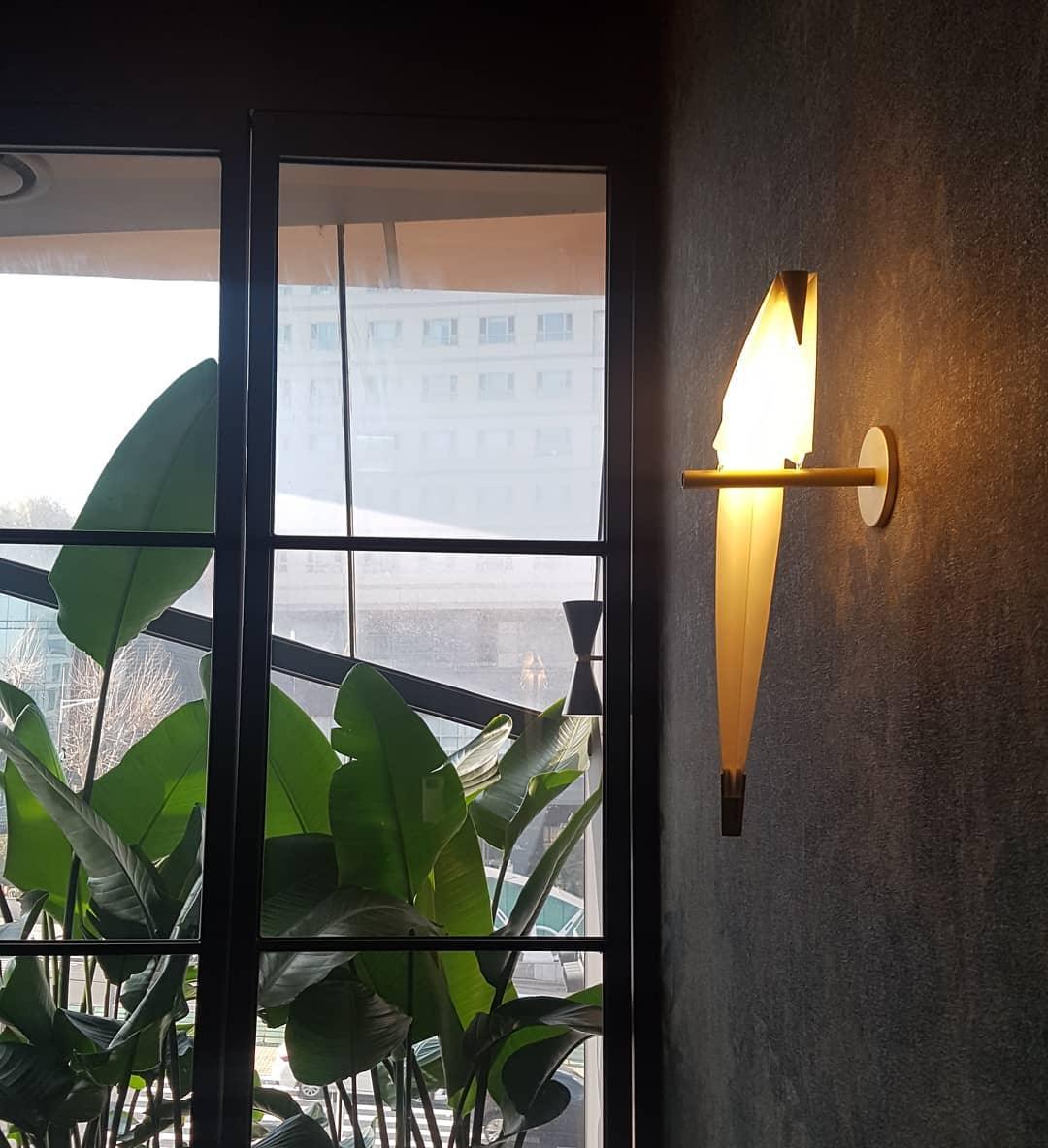 A lit Clérachic bird wall light beside a tall black-framed window with large green leaves outside, on a dark textured wall.