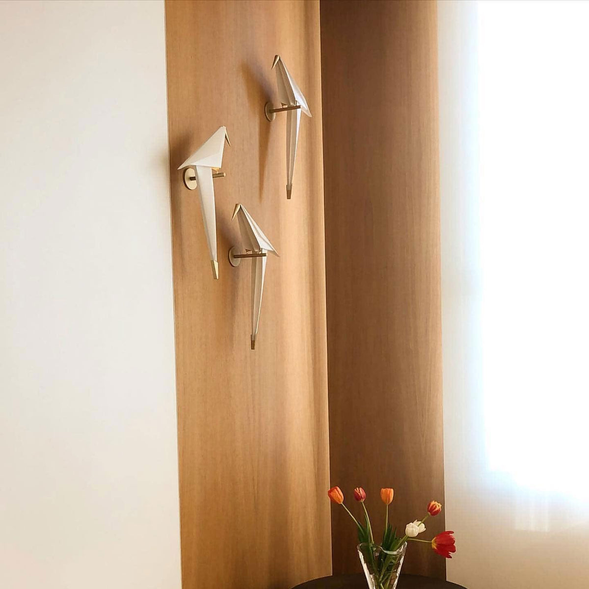 Three Clérachic bird wall lights, unlit, sit on a pale timber panel beside a window and a vase of red tulips.