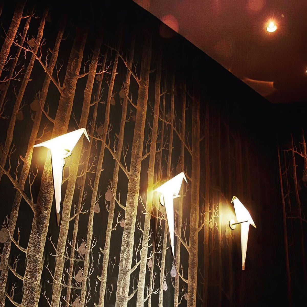 Three lit Clérachic bird wall lights perch on a dark wall printed with pale birch trees, with a warm glow around each.