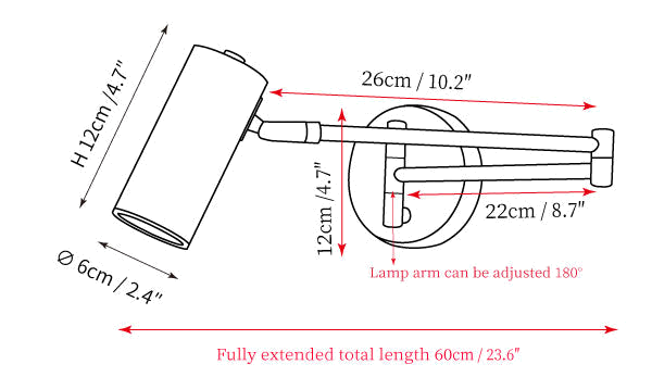 Clérachic wall light dimension drawing, every measurement marked in centimetres and inches.