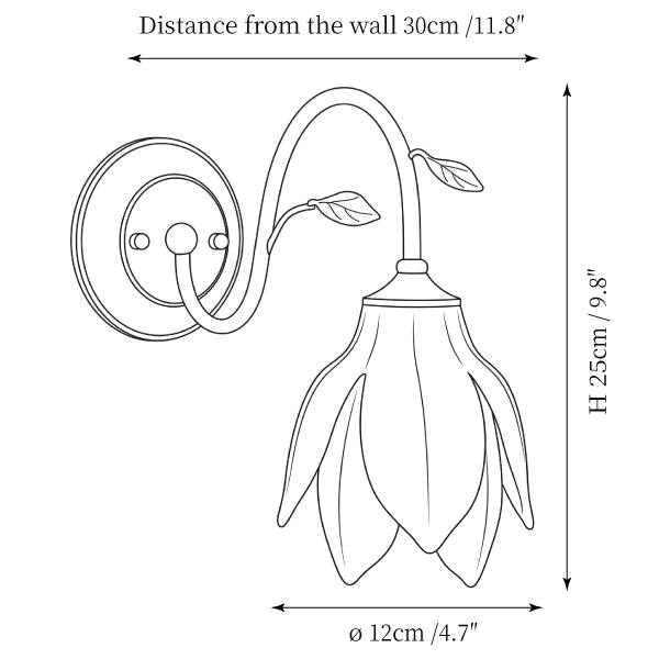 Clérachic wall light dimension drawing, every measurement marked in centimetres and inches.