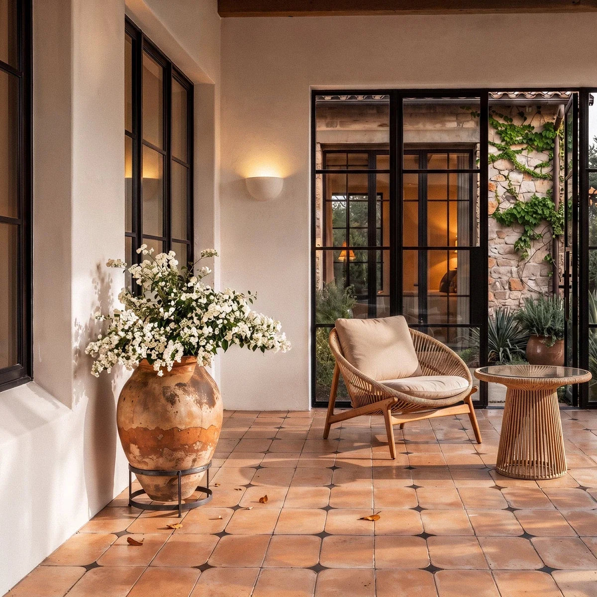 Clérachic half-moon plaster wall light glowing on a sunlit terrace wall above terracotta tiles and a wicker chair.