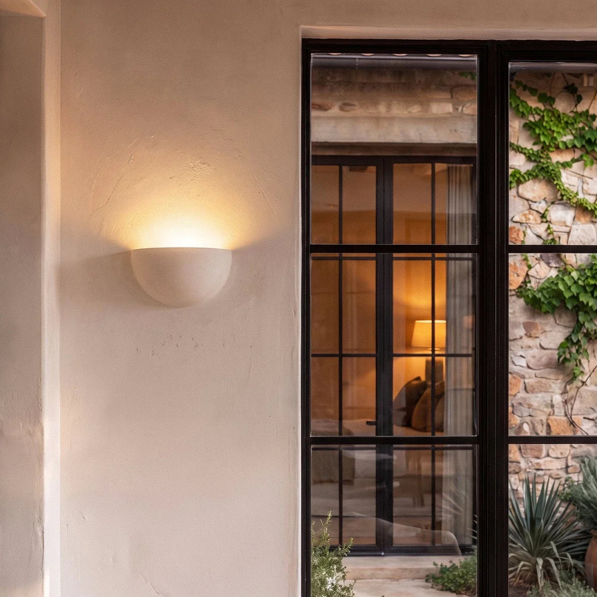 Clérachic half-moon plaster wall light glowing beside a black-framed glass door on a warm plastered wall.