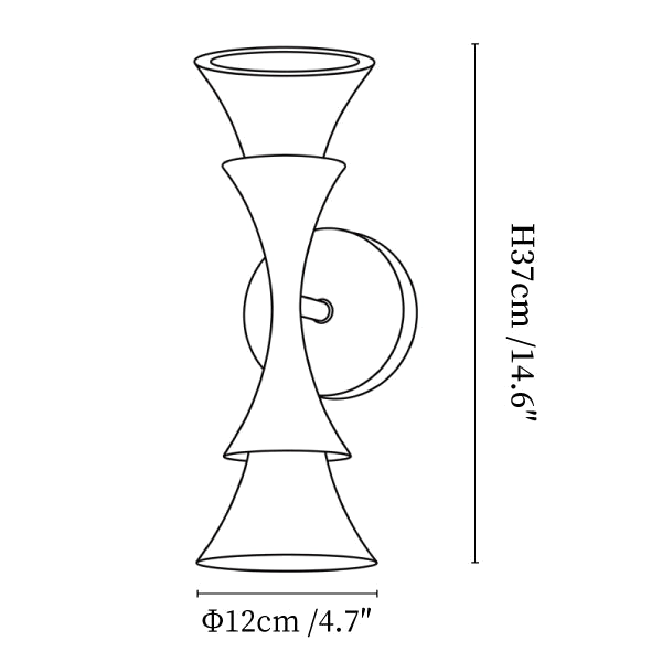 Clérachic wall light dimension drawing, every measurement marked in centimetres and inches.
