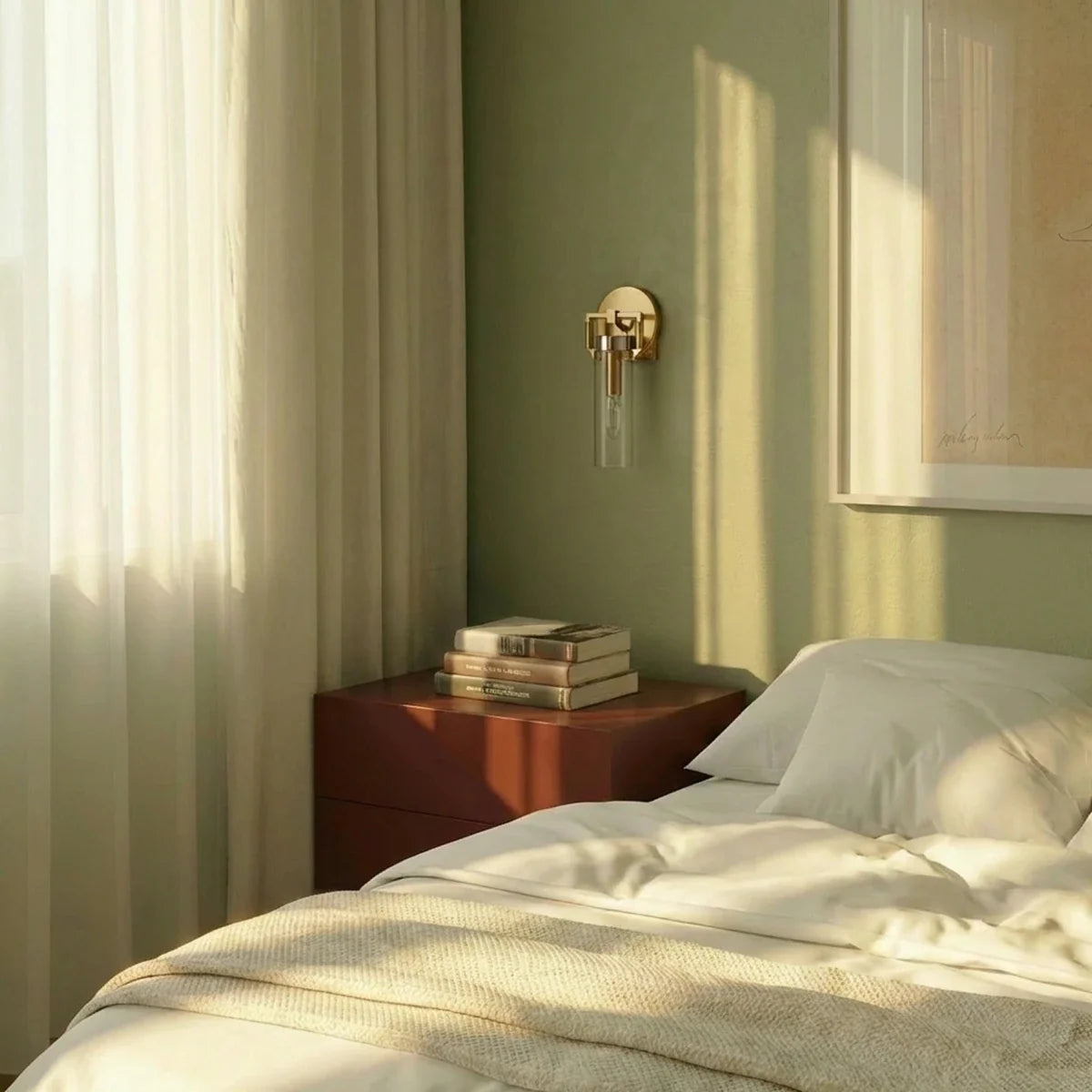 Clérachic gold glass-cylinder sconce on a sage green wall above a rust-red bedside table with stacked books.