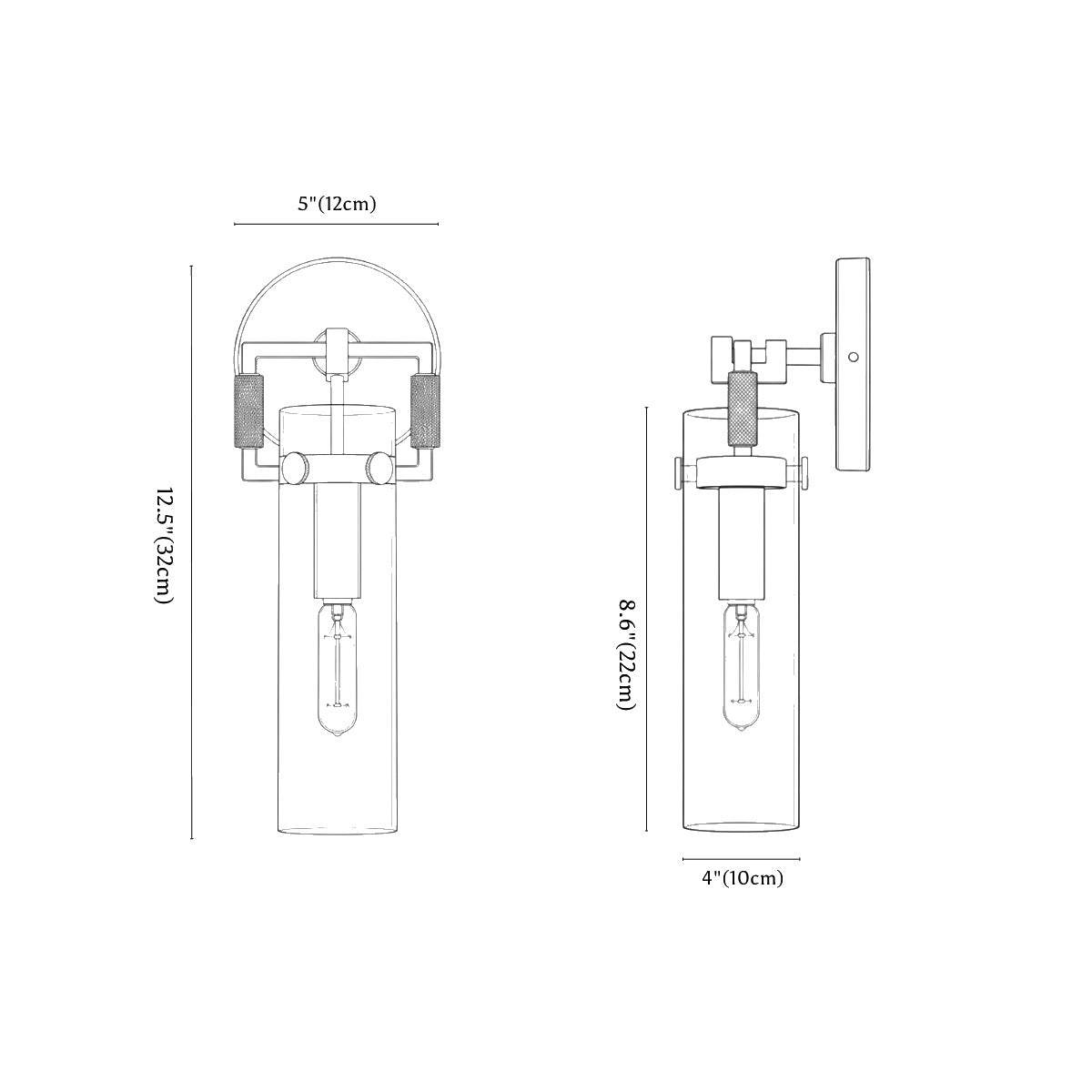 Clérachic wall light dimension drawing, every measurement marked in centimetres and inches.