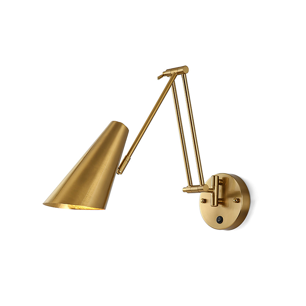 Clérachic gold swing-arm wall light with a wide conical shade and a round backplate, on a white background.