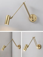 Gold cylinder-head Clérachic wall light with a long arm on a pale grey wall, with two smaller views of the arm at different angles below.