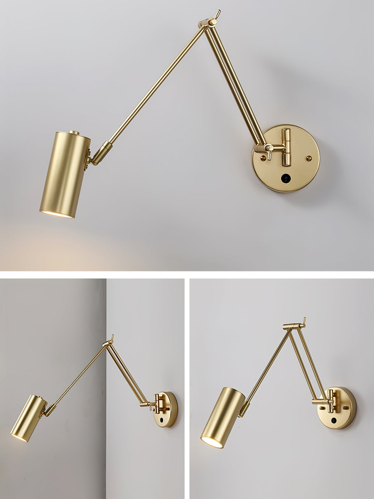 Gold cylinder-head Clérachic wall light with a long arm on a pale grey wall, with two smaller views of the arm at different angles below.