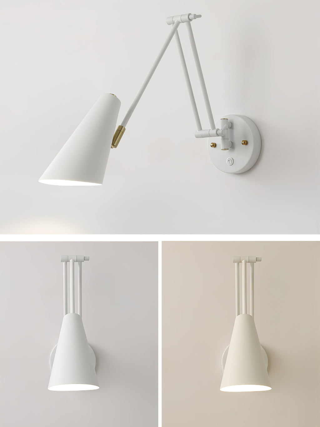 White version of the Clérachic swing-arm wall light with a conical shade and a gold joint, with two smaller views of it below.