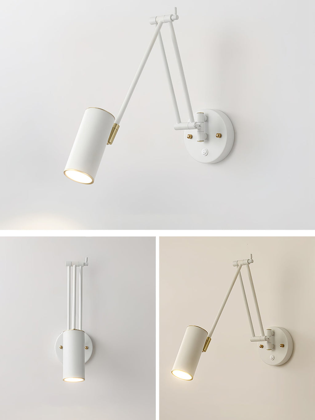 White version of the Clérachic swing-arm wall light with a cylinder head, with two smaller views of the head angled in different directions.