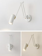 White version of the Clérachic swing-arm wall light with a cylinder head, with two smaller views of the head angled in different directions.