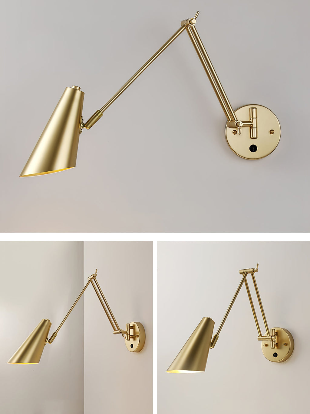 Gold conical-shade Clérachic wall light with a long folding arm on a pale wall, with two smaller views of it at different angles.