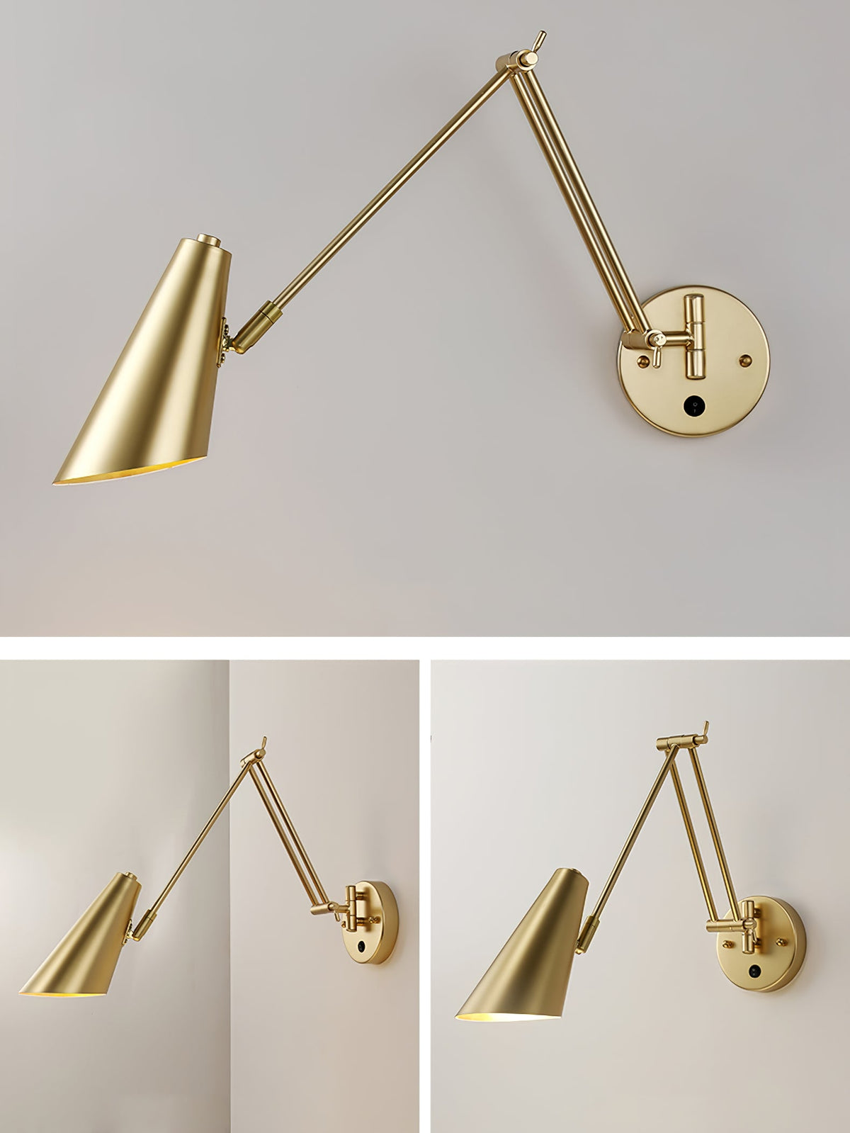 Gold conical-shade Clérachic wall light with a long folding arm on a pale wall, with two smaller views of it at different angles.