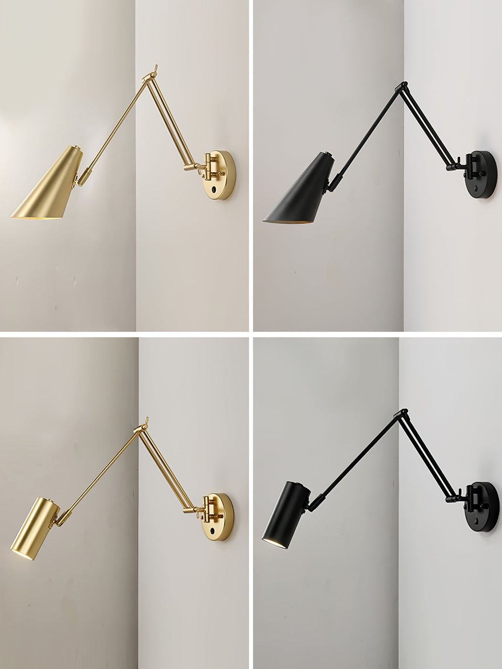 Four small views of Clérachic swing-arm wall lights in gold and black, with cylinder and conical heads on pale walls.