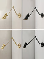 Four small views of Clérachic swing-arm wall lights in gold and black, with cylinder and conical heads on pale walls.