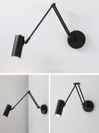 Black cylinder-head Clérachic wall light with a long swing arm on a pale wall, with two smaller views of the arm below.