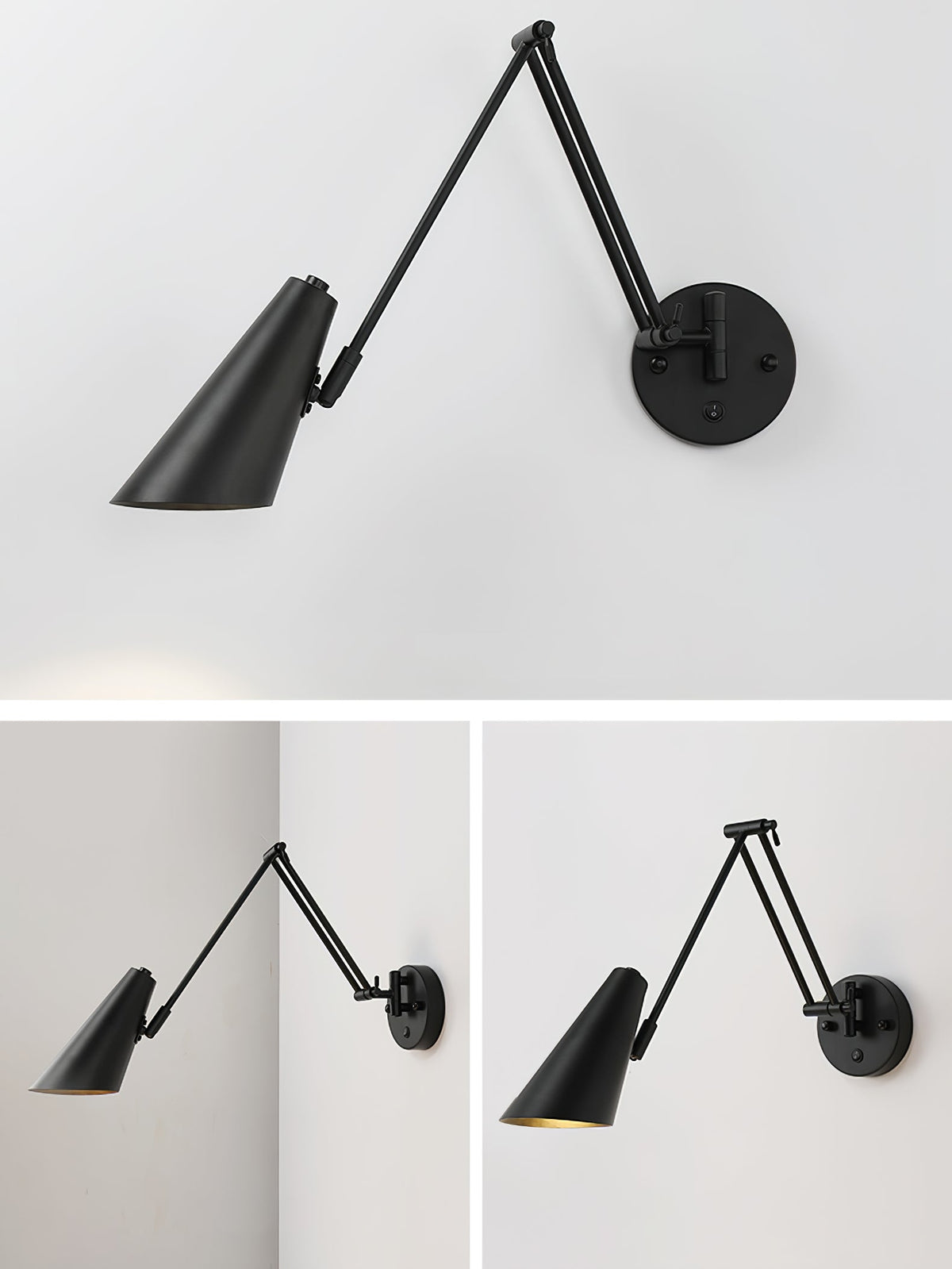Black conical-shade Clérachic wall light with a folding arm and a round backplate, with two smaller angled views below.