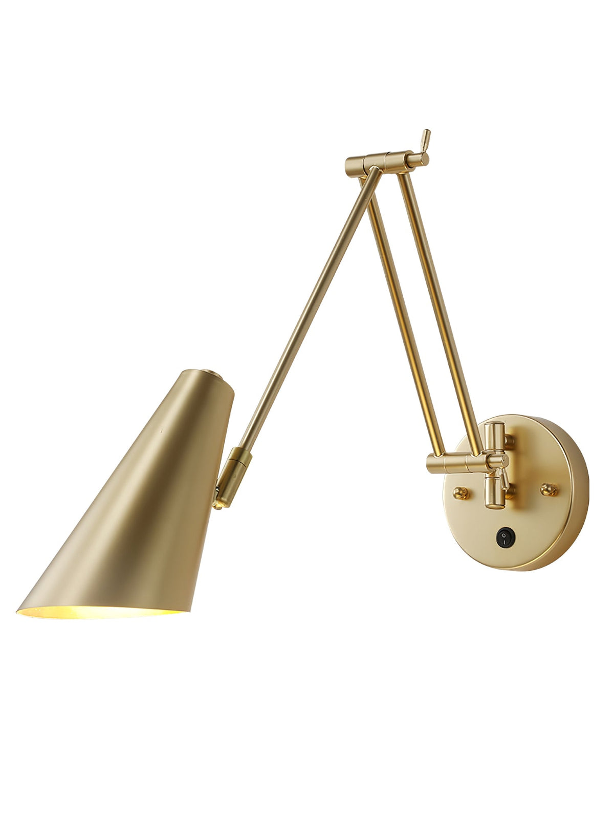 Clérachic gold swing-arm wall light with a conical shade on an extended arm, on a white background.