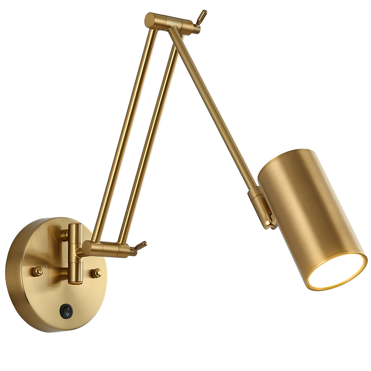 Large close view of a gold Clérachic wall light with a cylinder head, showing the double arm, joints and the switch on the backplate.