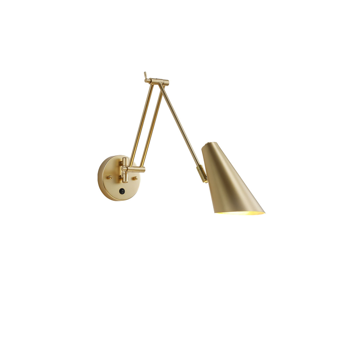Small Clérachic gold swing-arm wall light with a conical shade angled to the right of its backplate, on a white background.