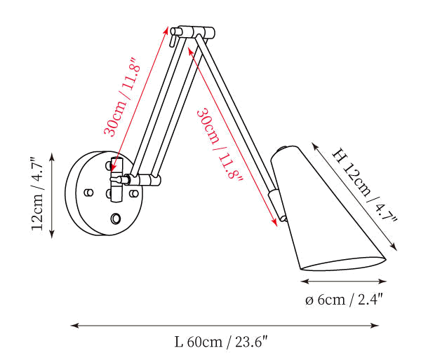 Clérachic wall light dimension drawing, 1 of 2, every measurement marked in centimetres and inches.