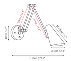 Clérachic wall light dimension drawing, 1 of 2, every measurement marked in centimetres and inches.