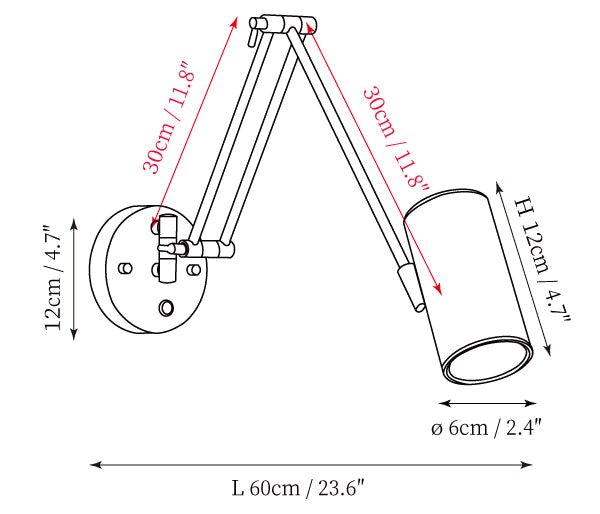 Clérachic wall light dimension drawing, 2 of 2, every measurement marked in centimetres and inches.