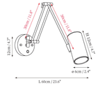 Clérachic wall light dimension drawing, 2 of 2, every measurement marked in centimetres and inches.
