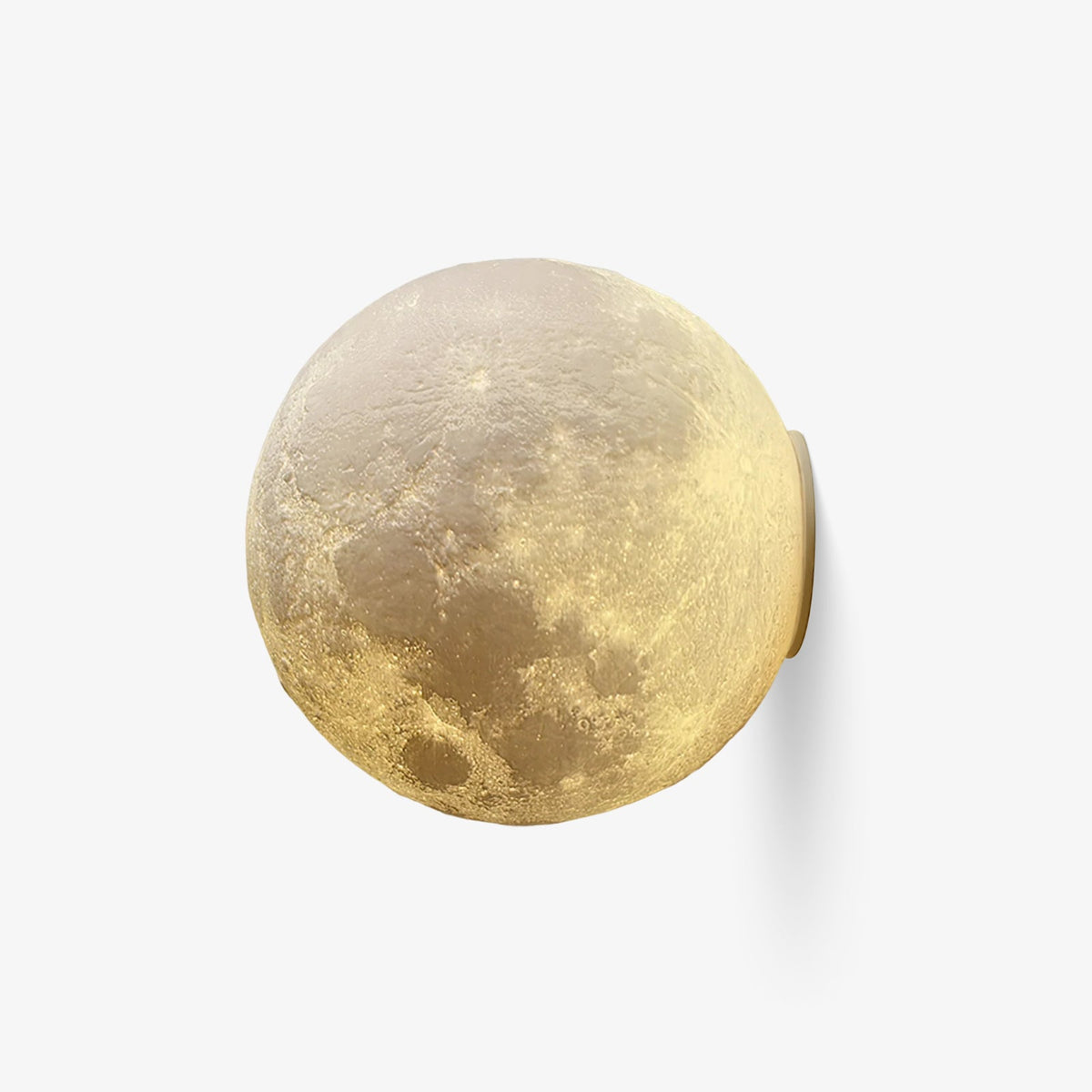 Round Clérachic wall light with a detailed lunar surface, softly glowing, mounted flat on a plain light backdrop.