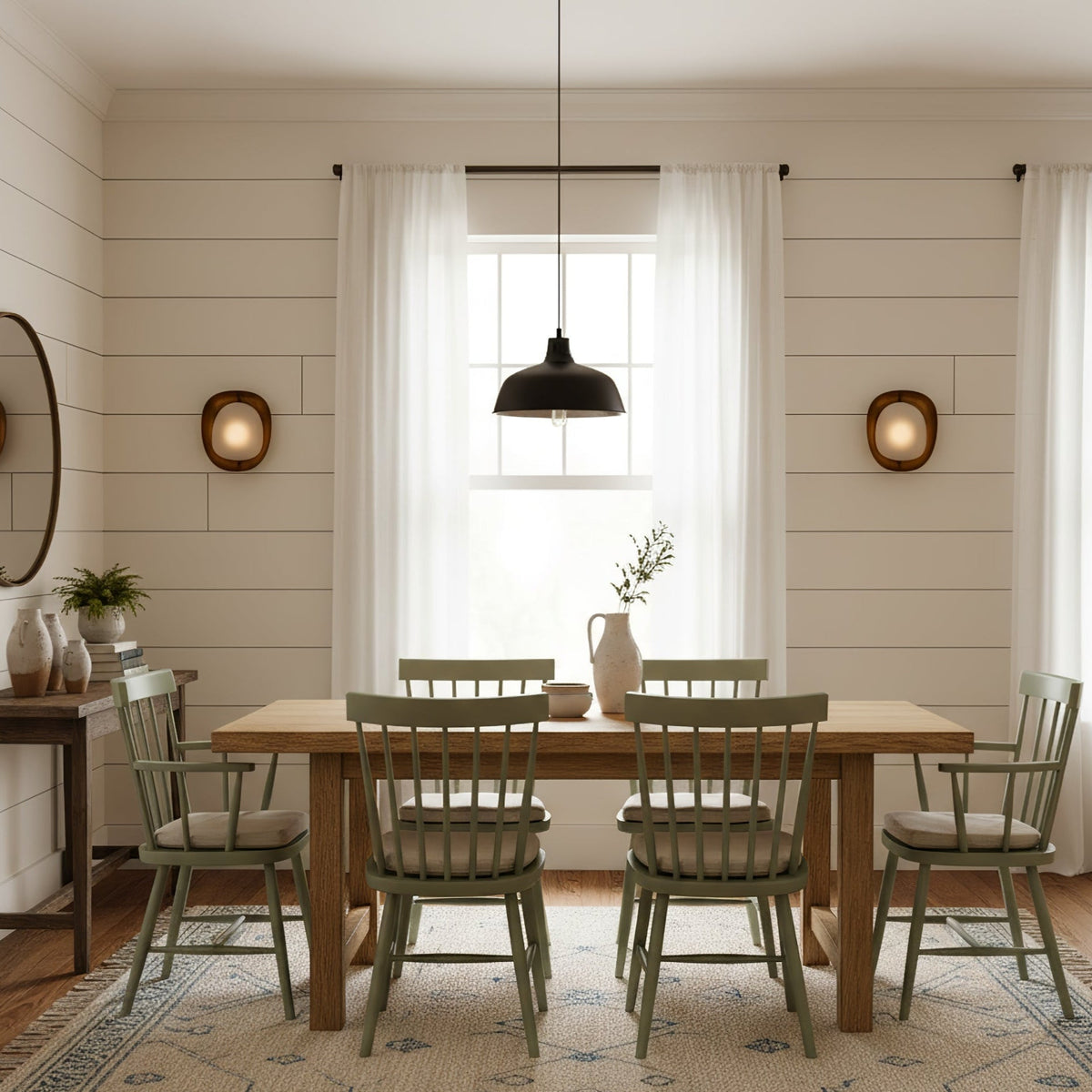 A pair of small Clérachic wall lights flank a window in a dining room with panelled walls, a wooden table and green spindle chairs.