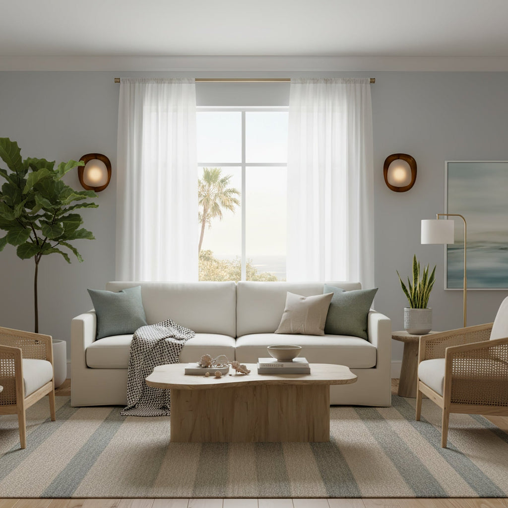 Two Clérachic wall lights sit either side of a sheer-curtained window in a bright living room with a cream sofa and a pale coffee table.