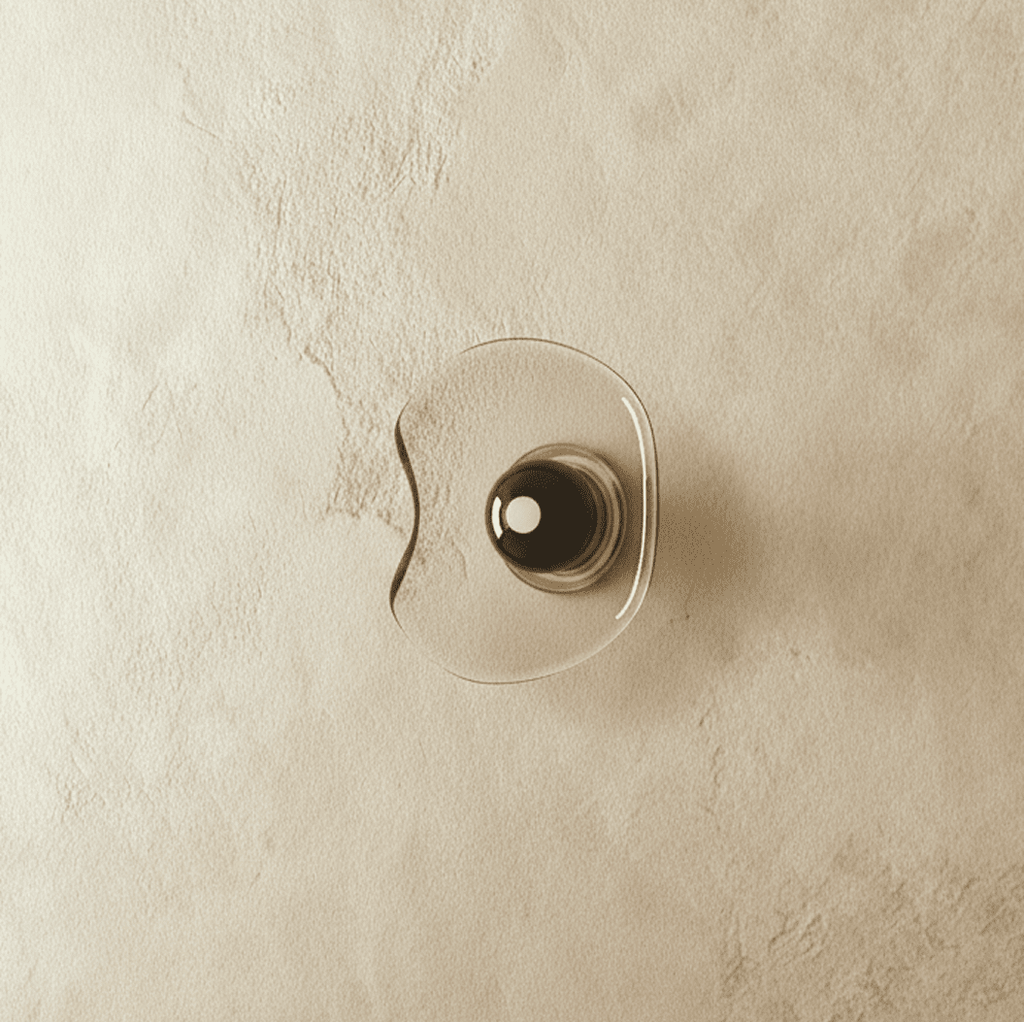 Clérachic wall light with a free-form pale glass shade and a dark glass centre disc, switched off on a limewashed wall.