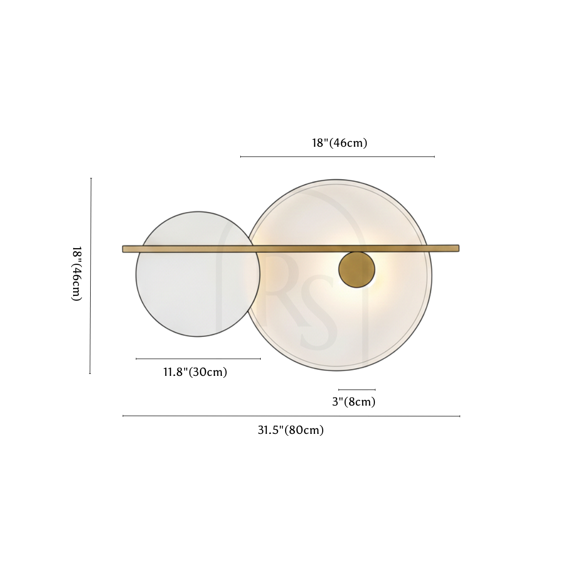 Clérachic wall light dimension drawing, 80 cm, every measurement marked in centimetres and inches.
