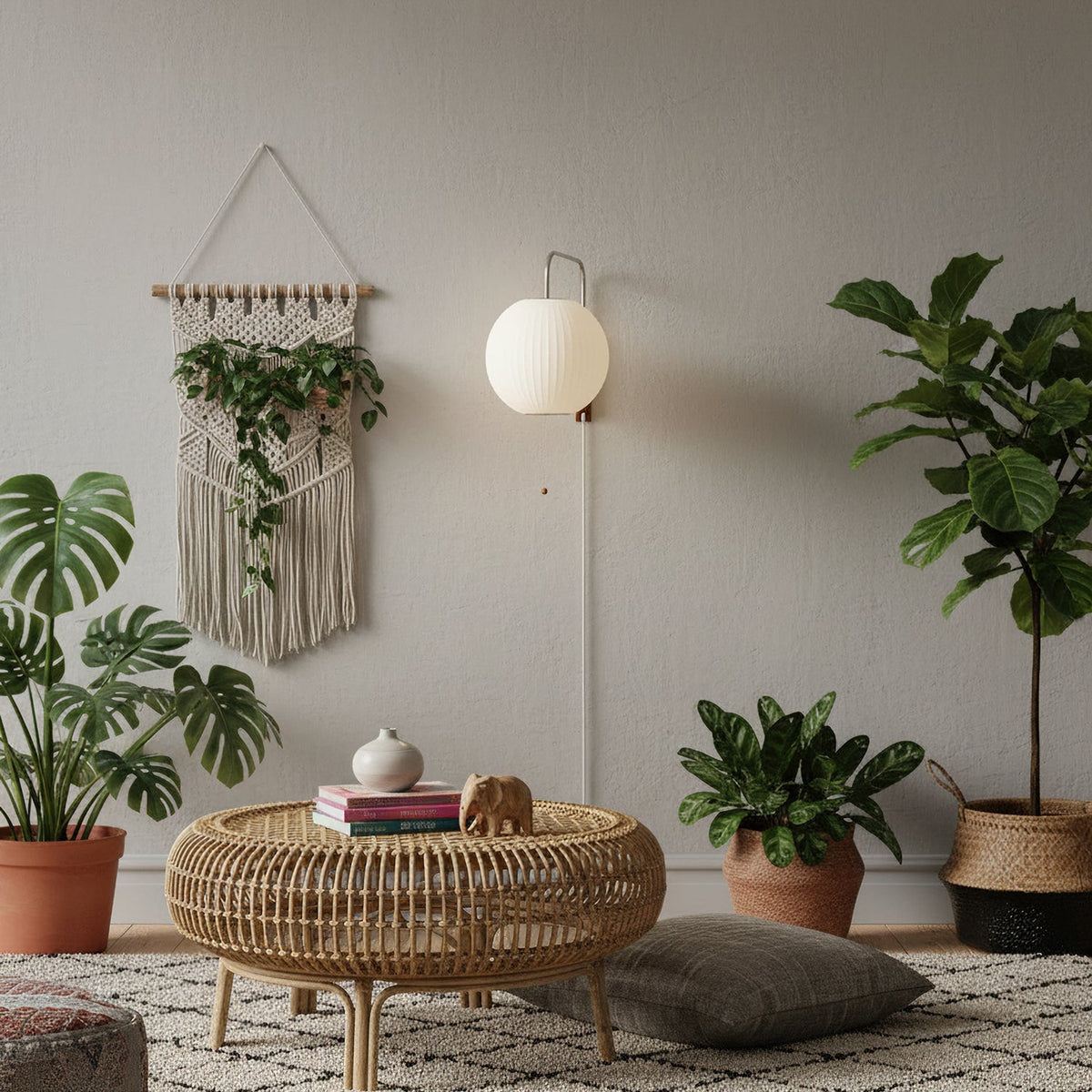 Small round white Clérachic wall sconce in a living corner with a macramé hanging, a rattan coffee table and large leafy plants.