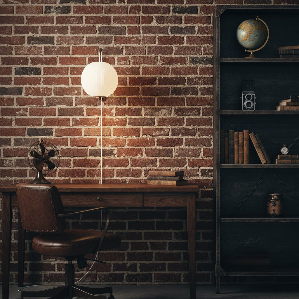 Lit round white globe from Clérachic on a curved arm against a dark red brick wall, above a wooden desk and leather chair.