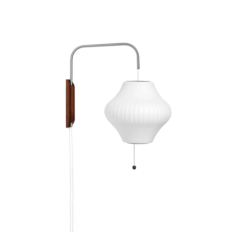 Pear-shaped white shade on a Clérachic wall light with a curved steel arm and a long cable, on a plain white backdrop.