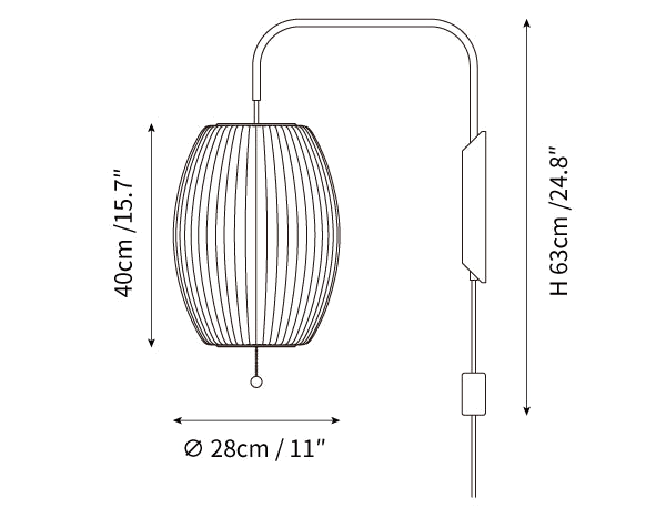 Clérachic wall light dimension drawing, 1 of 4, every measurement marked in centimetres and inches.