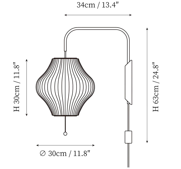 Clérachic wall light dimension drawing, 2 of 4, every measurement marked in centimetres and inches.