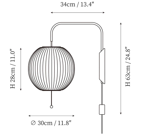 Clérachic wall light dimension drawing, 3 of 4, every measurement marked in centimetres and inches.
