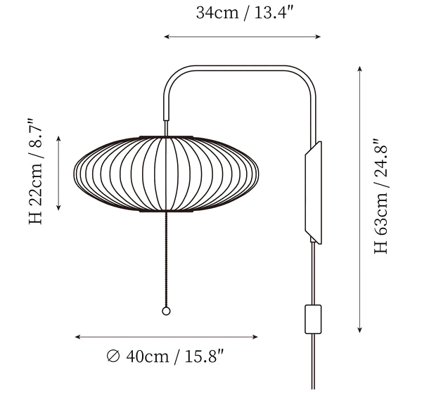 Clérachic wall light dimension drawing, 4 of 4, every measurement marked in centimetres and inches.