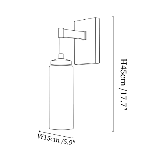 Clérachic wall light dimension drawing, every measurement marked in centimetres and inches.