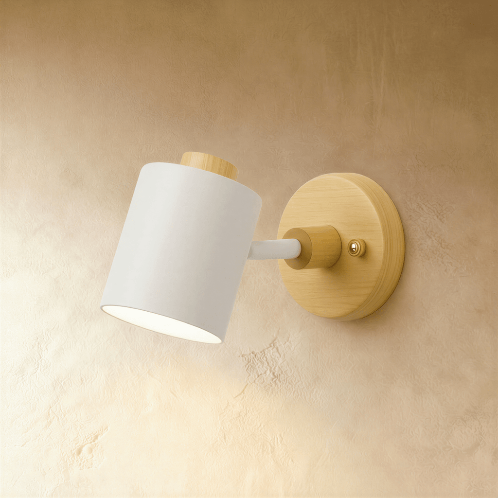 Clérachic wall lamp with a white cylindrical metal shade on a pale wooden round backplate, angled on a warm limewash wall.