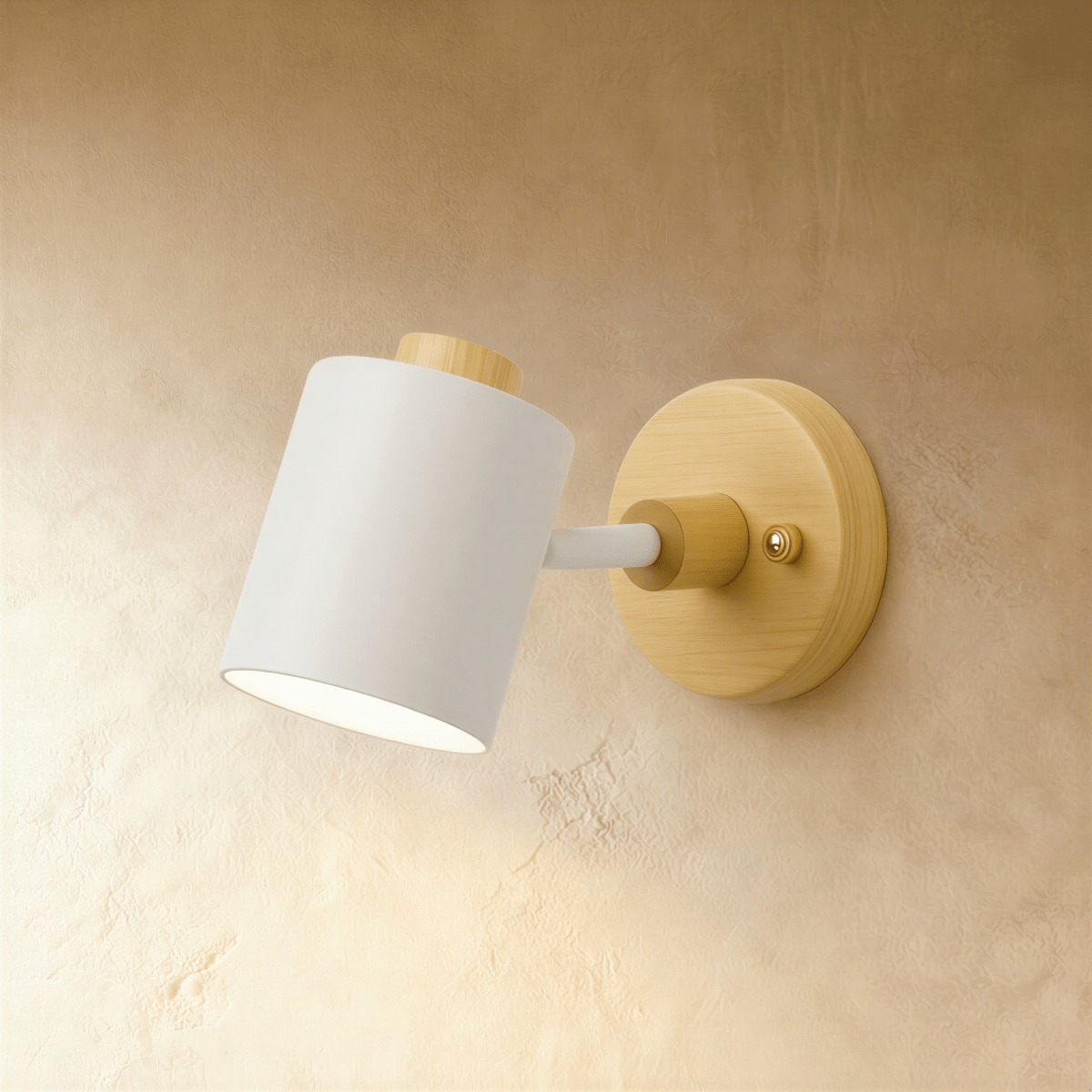 Clérachic wall lamp with a white cylindrical metal shade on a pale wooden round backplate, angled on a warm limewash wall.